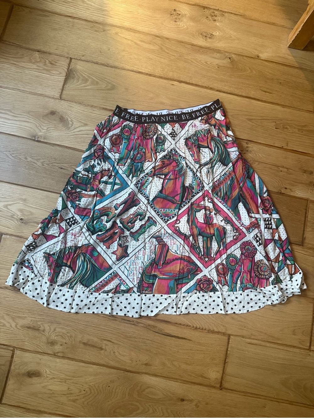 Double D Ranch Multicolor Horse-Print Circle Skirt with Polka Dot Ruffle